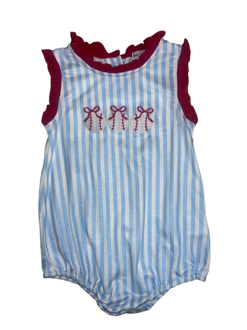 Abby & Evie Blue & White Striped Baseball Smocked Bubble Romper with Red Trim